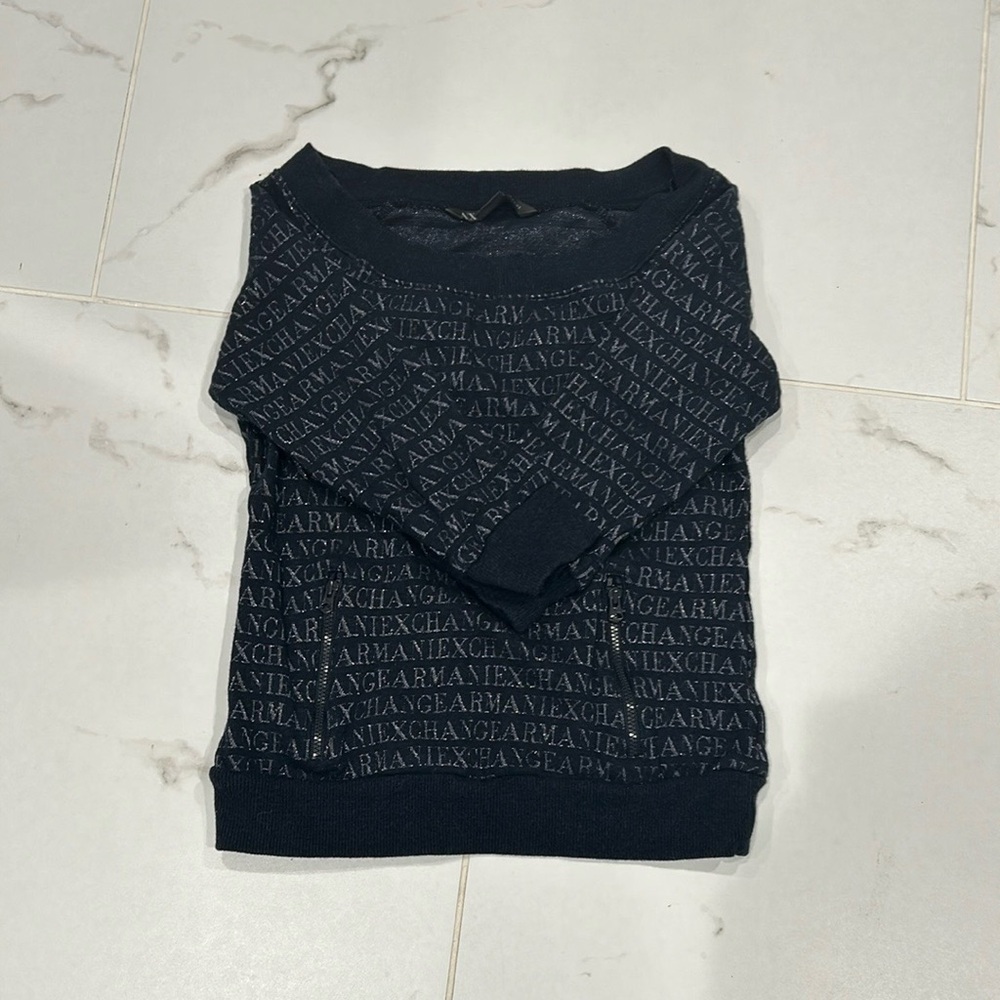 Armani Exchange Navy Off-the-Shoulder Sweater with Textured Knit